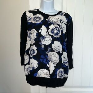 Ann Taylor Petite Medium White Rose Sweater 3/4 Sleeves blue and black